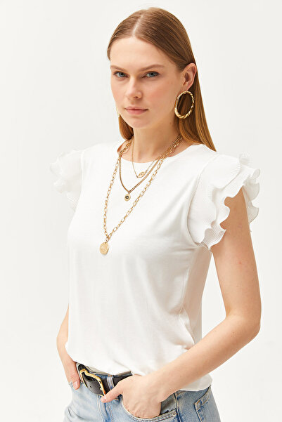 Olalook Women's Ecru Sleeve Pleated Knitted Viscose Blouse BLZ-19002554