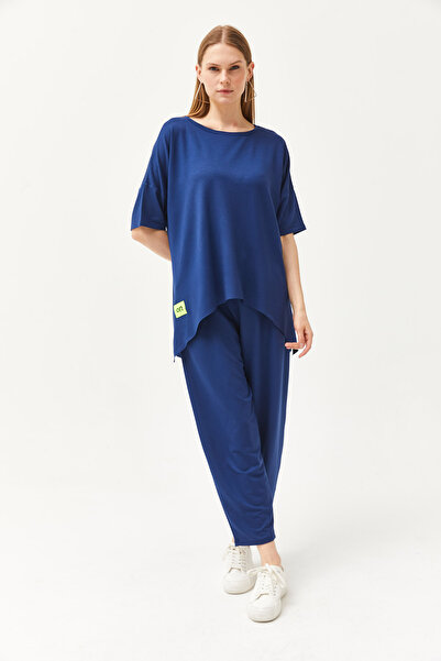 Olalook Women's Navy Blue Asymmetrical Blouse Soft Textured Bottom Top Crystal Suit TKM-19000269