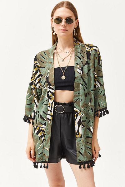 Olalook Locker gestrickter Kimono mit Quasten in Palmengrün für Damen KMN-00000056
