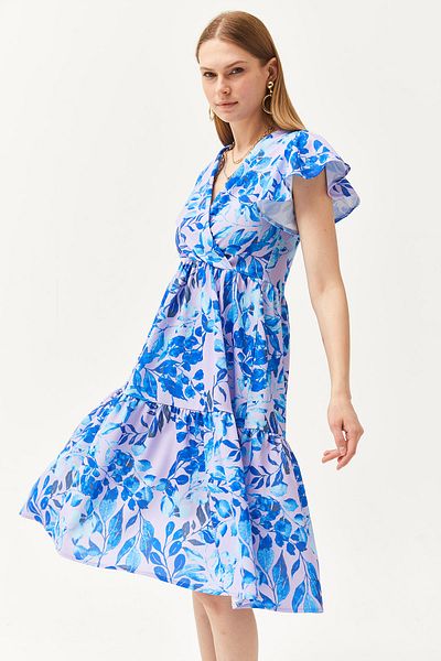 Olalook Rochie tricotată detaliată cu mâneci cu guler dublu liliac albastru pentru femei ELB-19002089