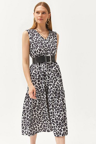 Olalook Dámské leopardí bílé pletené šaty s výstřihem do V s elastickým pasem ELB-19002090