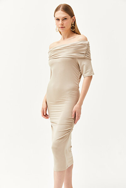 Olalook Women's Stone Madonna Collar Drape Detailed Soft Textured Dress ELB-19002091