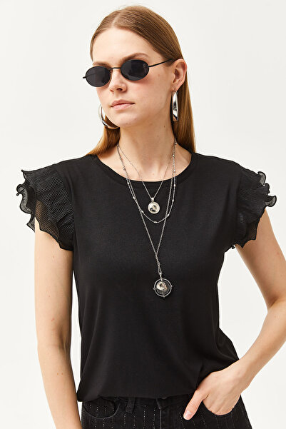 Olalook Kadın Siyah Kolu Pilise Örme Viskon Bluz BLZ-19002554