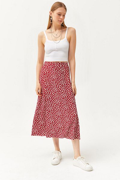 Olalook Women's Big Daisy Red Elastic Waist Patterned Long Skirt ETK-19000259