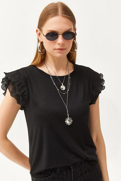 Olalook Schwarze Bluse aus Viskose mit plissierten Ärmeln für Damen BLZ-19002554
