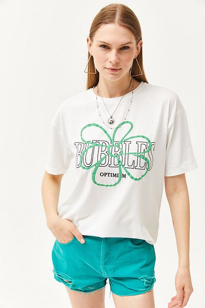 Olalook Women's Ecru Bubbles Printed T-shirt TSH-19000789
