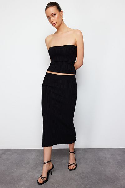 Trendyol Collection Tricotaj Midi Negru Premium Fire/ Fustă Special Yarn TWOSS24ET00042