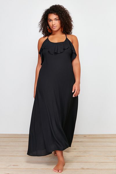Trendyol Curve Black Maxi-Length Flounce Neckline Plus Size Beach Dress Tbbss24Ah00133