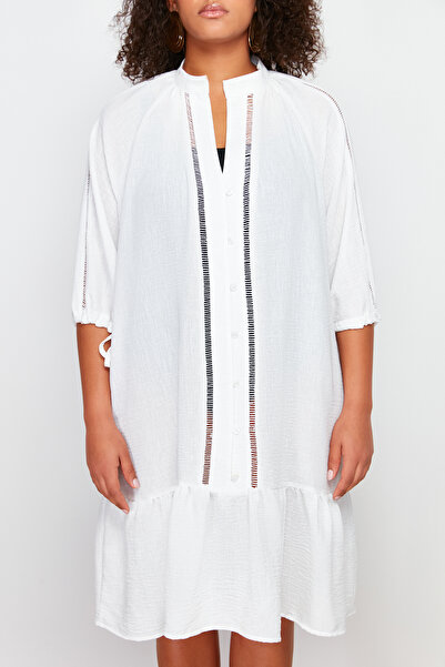 Trendyol Curve V-Neck White Beach Dress - Flounce Skirt and Button Detail TBBSS24AH00100