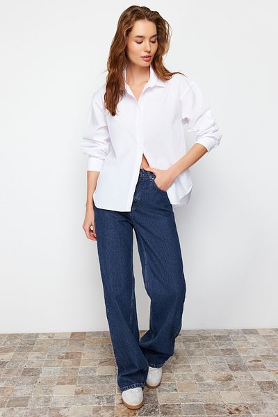 Trendyol Collection Ecru Back Openable Placket Highlighter Stripe Detail Oversize/Wide Fit Woven Shirt TWOSS24GO00088