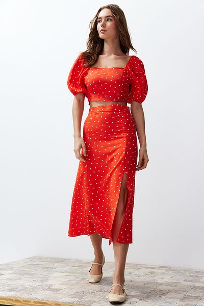 Trendyol Collection Viskose Midi Polka Dot Bluse und Rock Set - Tile Slit TWOSS20AU0097