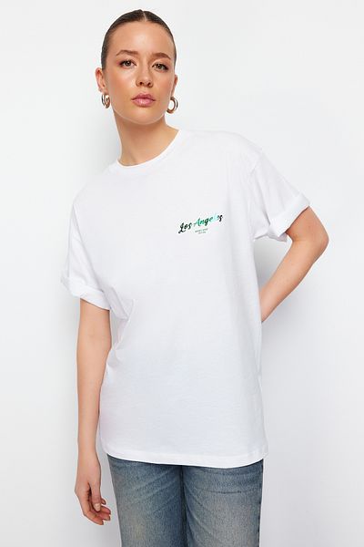 Trendyol Collection Tricou alb tricotat supradimensionat/cu croiala lată din folie premium față și spate/Imprimat strălucitor TWOSS24TS00099