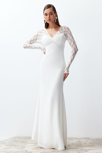 Trendyol Collection Νυφικό βραδινό φόρεμα με λευκή δαντέλα - μακρύ βραδινό φόρεμα TPRSS24AE00030