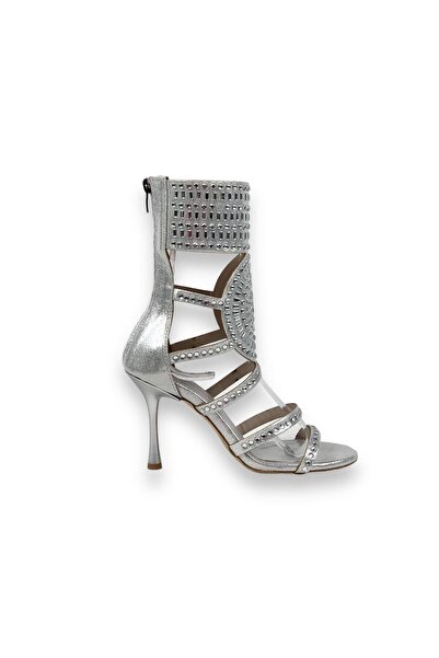 bescobel Жіночі туфлі на тонкому каблуці з блискавкою та срібними камінцями 9 см 1001