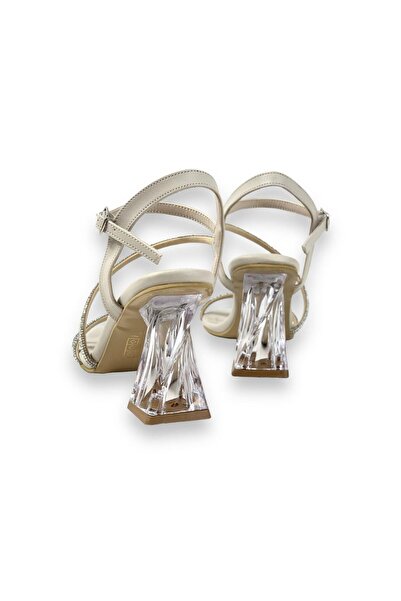 bescobel Women's Beige Fensa Twist Transparent Heel Ankle Lacing Stone Detailed Sandals Shoes 8 Cm 307