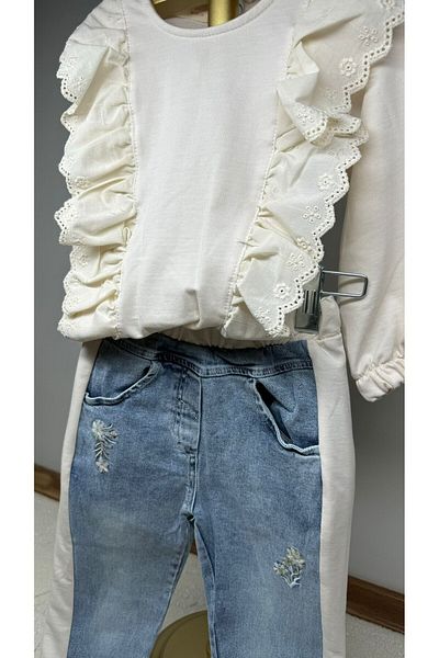 morwind Girl's 2-Piece Jeans Set Cotton Ruffle Detailed Holiday Set