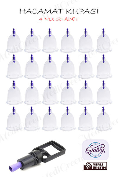 MediGreen 50 Adet 4 Numara HACAMAX PRO Hacamat & Masaj Kupası 1 Adet Pompa