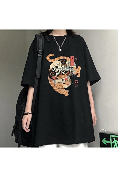 Touz Moda Skeleton Cat Black Unisex Oversize T-shirt