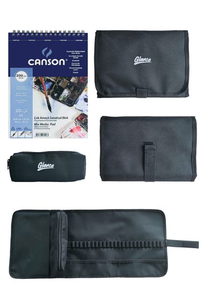 GLANCE Canson Multi-Purpose Artistic Block A5 200 Gr 20 Sheet Pocket Black Pen Holder 24 compartments + Pencil Case