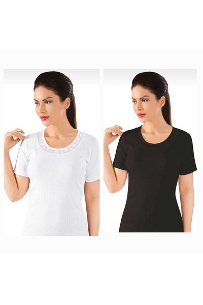 LÜXDRM 066 - 1 White, 1 Black Collar with Lace Detail, Cotton, Short Sleeve, Women's Undershirt