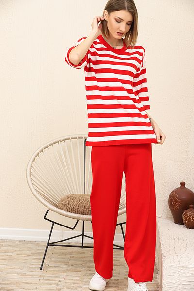 ALCHON Round Crew Neck Short Sleeve Striped Striped Thin Blouse Pipe Leg Straight Pants Two-Piece Knitwear Set
