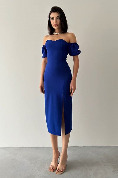lovebox Dámské šněrovací design na zádech z tkaniny Atlas bez ramínek Detail rozparku u krku Midi modré večerní šaty 227