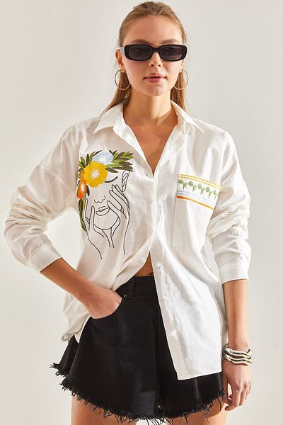 Bianco Lucci Women's Embroidered Linen Shirt60171047