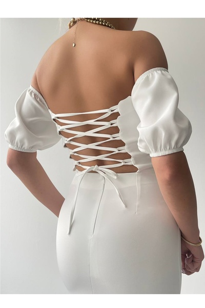 lovebox Γυναικείο ύφασμα Atlas με κορδόνια σε σχέδιο στράπλες με σκίσιμο λαιμό λεπτομερές μίντι λευκό βραδινό φόρεμα 227