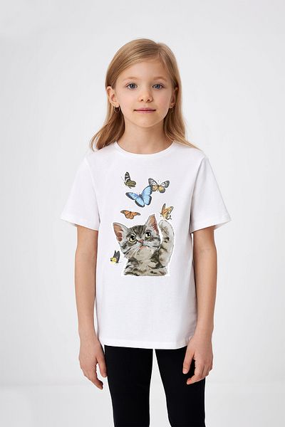ADABEBEK Tricou Fata cu Pisicuta Joaca cu Fluturi Imprimat
