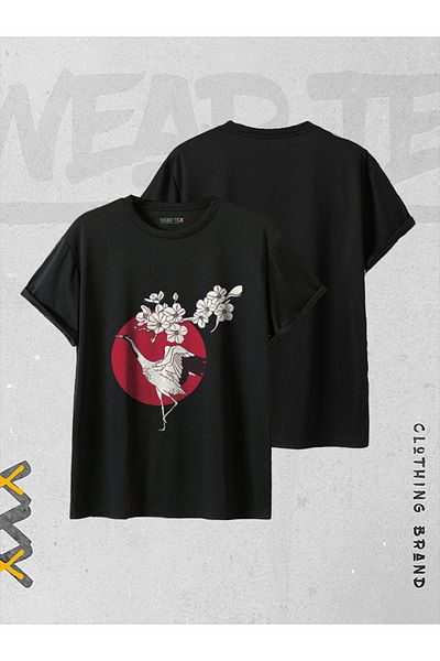 WEARTEX Unisex Cherry Blossom And Crane Bird Printed Oversize T-Shirt