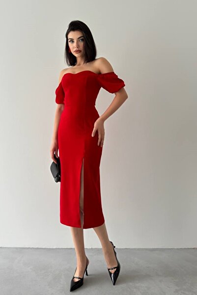 lovebox Rochie de seară roșie midi, rochie de seară pentru femei Atlas, cu șireturi pe spate, fără bretele.