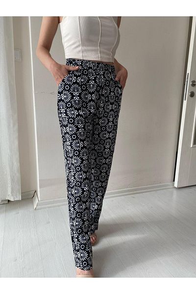 Fendimod Women's Patterned Wide Leg High Waist Trousers