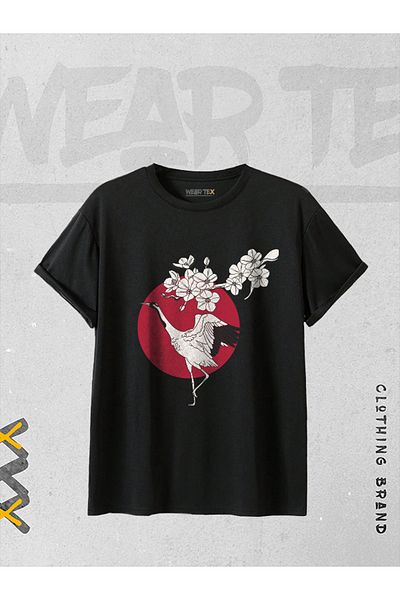 WEARTEX Unisex Cherry Blossom And Crane Bird Printed Oversize T-Shirt