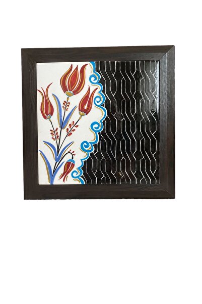 AYGEN Handmade Çini Seramik Yaldız Süslemeli Geleneksel Lale Tasarım 37 x 37 - 32 x 32 cm Çerçeveli Tablo