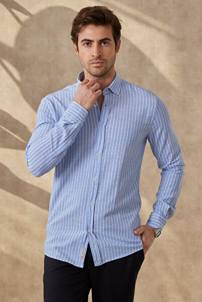 RAVANELLI Erkek Gömlek Çizgili Pamuk Keten Modern Slim Fit Gömlek