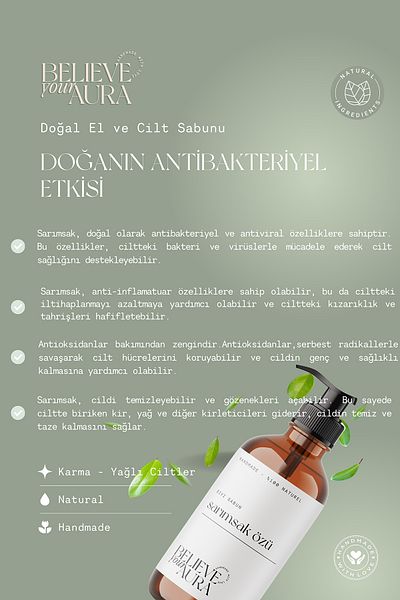 Believe Your Aura 500 ml Garlic Plant Extract Aloe Vera Shea Butter with E-Vitamin - Hand and Skin Liquid Soap