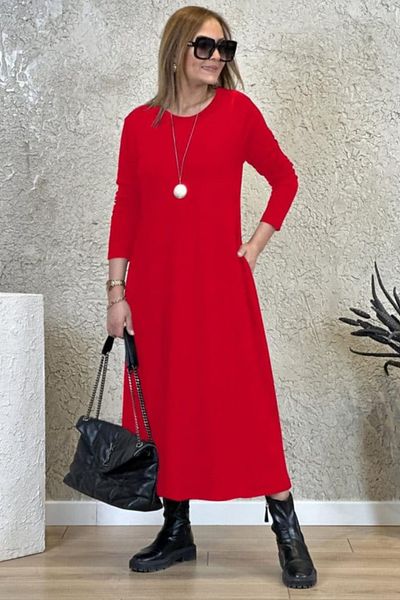 ESSFASIHON Rochie midi cu mâneci lungi, decolteu, două fire, două buzunare laterale