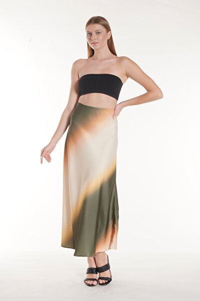 SOLİLDE Green Patterned Long Satin Skirt