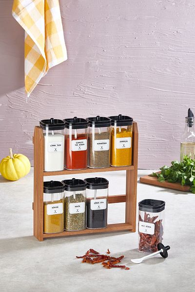 KukiWood Taco Set of 8 Self-spoon Spice Rack, Wooden Spice Rack Stand, Spice Rack with Label