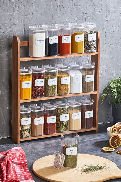 woodsy Set of 18 Spice Dispensers with 300 ML Acrylic Jar and Wooden Stand 24 Pieces Spice Label
