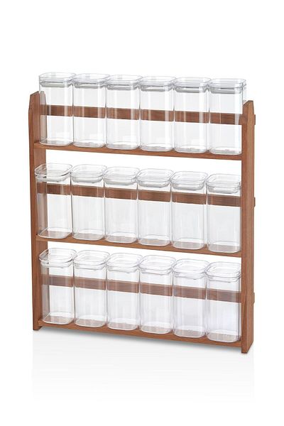 woodsy Set of 18 Spice Dispensers with 300 ML Acrylic Jar and Wooden Stand 24 Pieces Spice Label