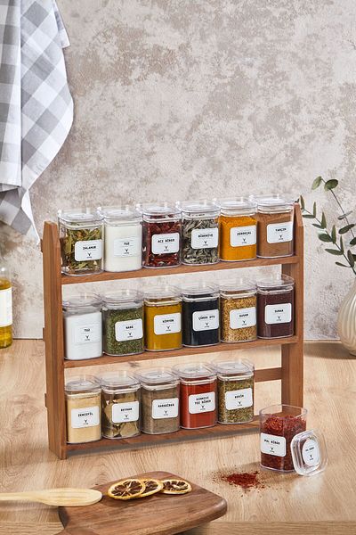 woodsy Spice Bowl with 18 Jars 200 ml, Spice Bowl Set with Wooden Stand 24 Spice Labels