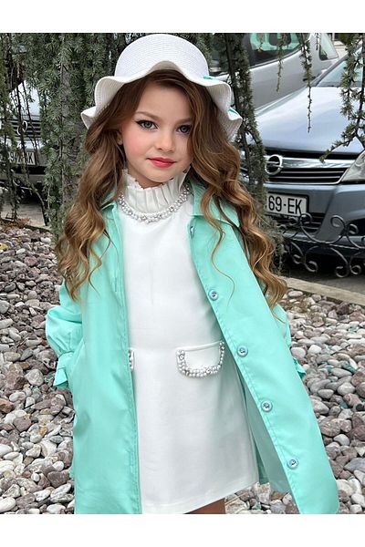 Poyraz Fashion Kids Girl's Trench Pearl Detailed Dress and Hat Set Holiday Combination