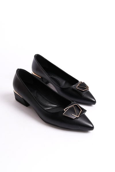 ZİESCE Women's Black Leather Buckle Galvanized Heeled Shoes