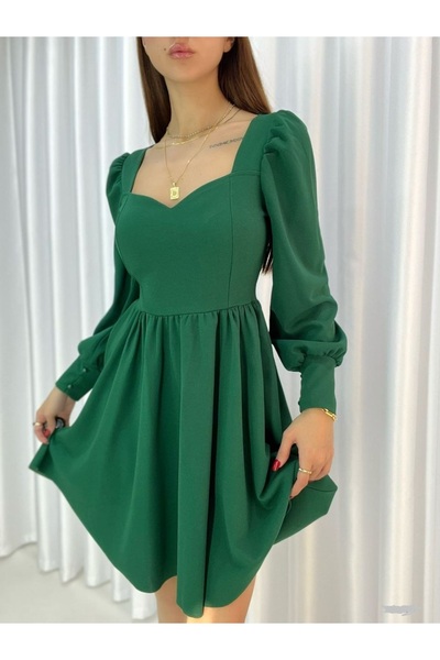 ModaLy Moda Yeşil Esnek Krep Kumaş Göğüs Dekolteli Uzun Kollu Mini Abiye Ve M...