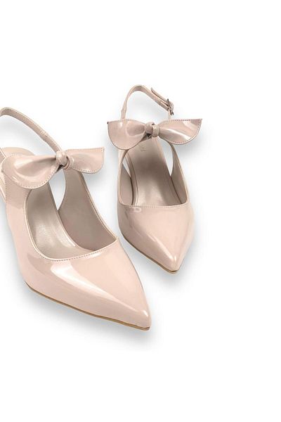 bescobel Women's Leather Patent Leather Material Tanba Bow Detailed Heeled Pointed Toe Shoes 7 cm Heel 602
