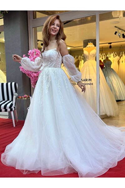 Okyanus Sposa Helen - A kesim U yaka gelinlik seyyar kollu gelinlik