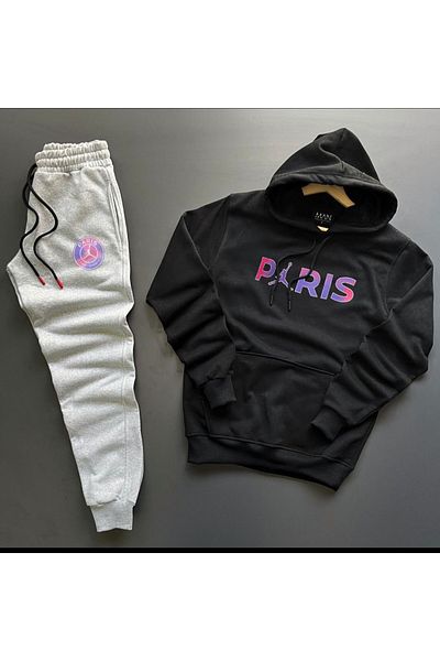 NewCabin New Season Unisex PARIS εμπριμέ μαύρο βαμβακερό κουκούλα - βαμβακερό γκρι παντελόνι φούτερ Σετ 2 τεμαχίων