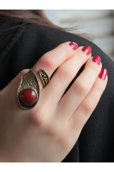 esha Natural Stone Agate Round Natural Stone Adjustable Antique Embroidered Ring