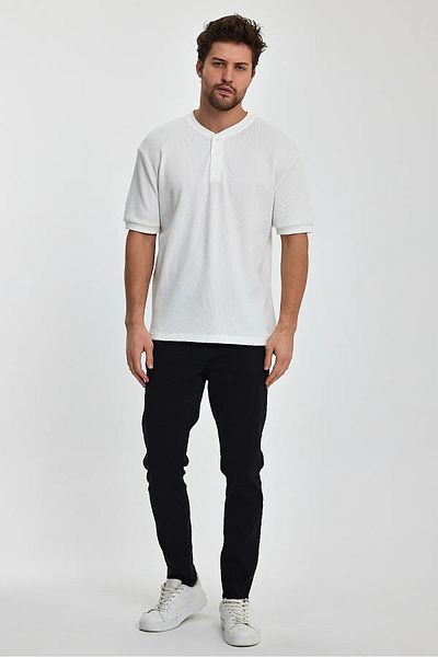 Rodi Jeans Men's Off-White Buttoned Front Crew Neck Relaxed Fit Honeycomb Woven T-shirt